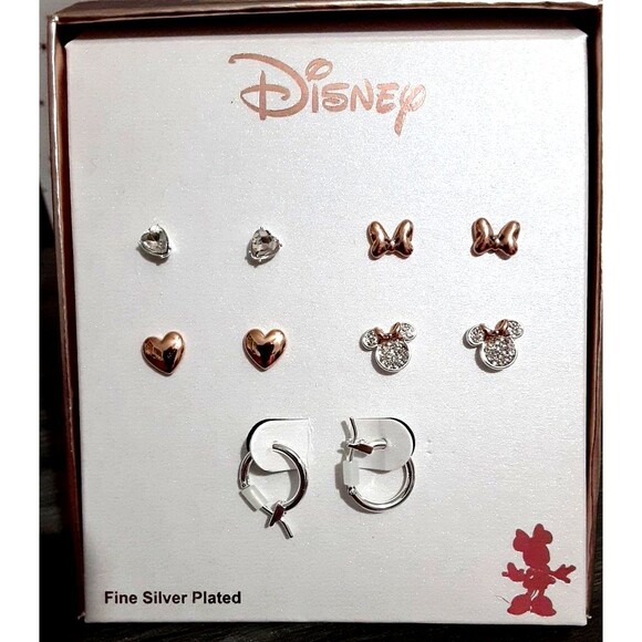NEW Disney Earrings Minnie Mouse Bow Heart Set Rose Gold Crystal Studs Set of 5 - Picture 2 of 7
